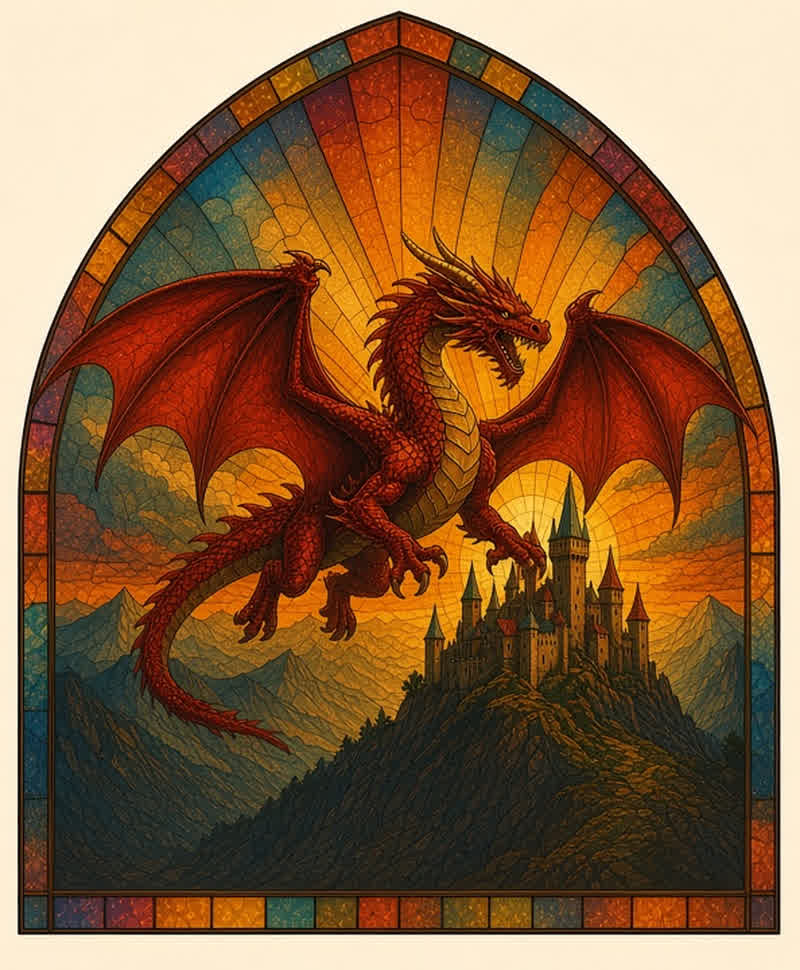 Stained-glass window of a red dragon flying over a castle, mountains, and trees.