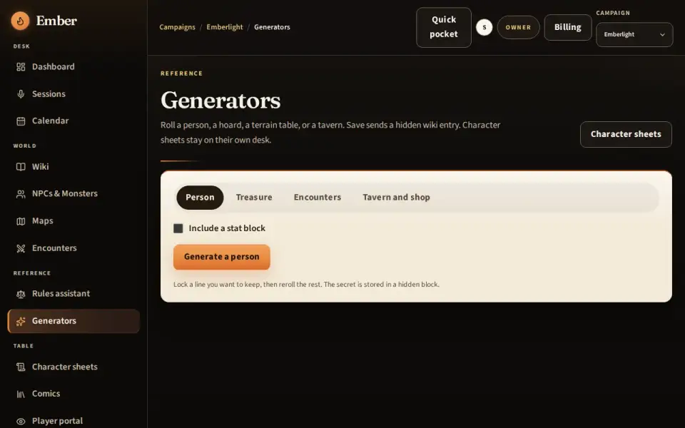 An NPC generator with a finished stat block