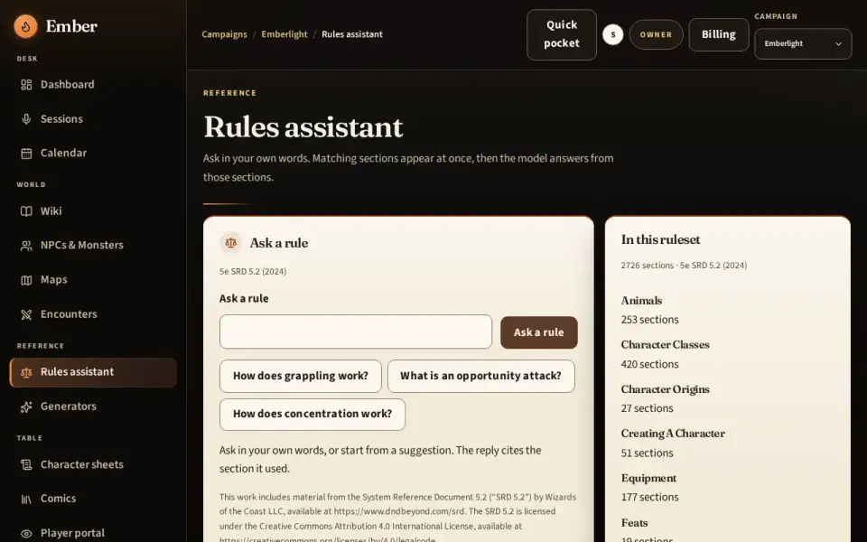 A rules answer with the cited section beside it