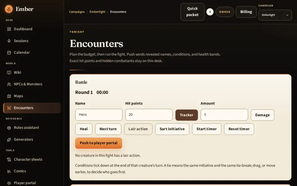 The battle tracker with combatants in initiative order